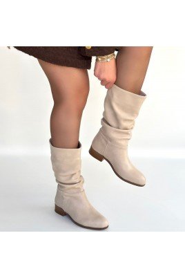 Kadın Çizme Bej Cilt Uzun Diz Altı Günlük Kış Sezonu