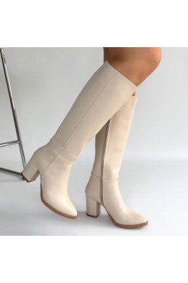 Kadın Topuklu Çizme Bej Cilt Uzun Çizme Şık Kış