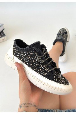 Kadın Sneaker Siyah Cilt Bağcıklı Günlük Spor Ayakkabı