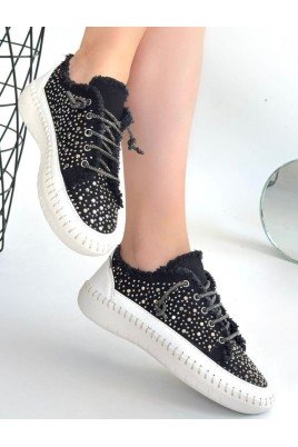 Kadın Sneaker Siyah Cilt Bağcıklı Günlük Spor Ayakkabı
