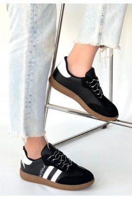 Kadın Sneaker Siyah Cilt Bağcıklı Günlük Spor Ayakkabı