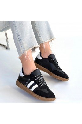 Kadın Sneaker Siyah Cilt Bağcıklı Günlük Spor Ayakkabı