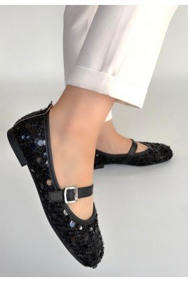 Kadın Babet Ayakkabı Siyah Süet Pullu Rahat Düz Taban Günlük