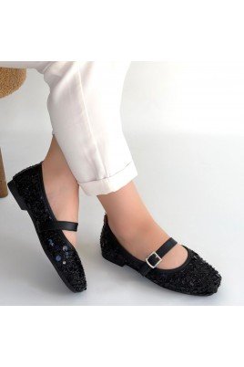 Kadın Babet Ayakkabı Siyah Süet Pullu Rahat Düz Taban Günlük