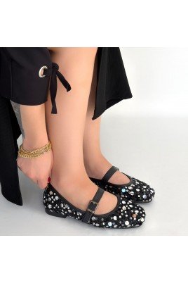 Kadın Babet Ayakkabı Siyah Süet Pullu Rahat Düz Taban Günlük