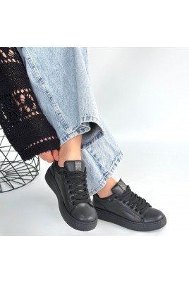 Kadın Sneaker Siyah Cilt Bağcıklı Günlük Spor Ayakkabı