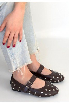 Kadın Babet Ayakkabı Kahverengi Cilt Kemerli Rahat Düz Taban Günlük