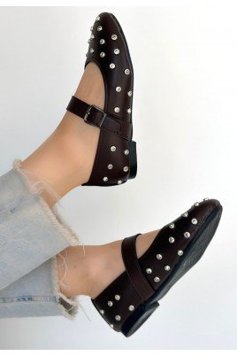 Kadın Babet Ayakkabı Kahverengi Cilt Kemerli Rahat Düz Taban Günlük