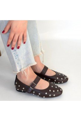 Kadın Babet Ayakkabı Kahverengi Cilt Kemerli Rahat Düz Taban Günlük