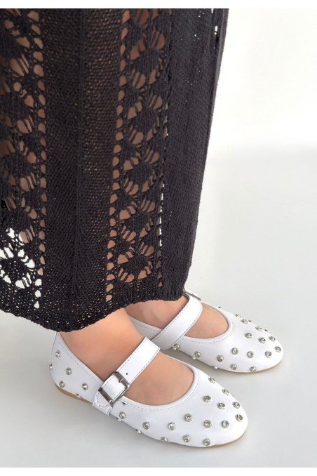 Kadın Babet Ayakkabı Beyaz Cilt Kemerli Rahat Düz Taban Günlük