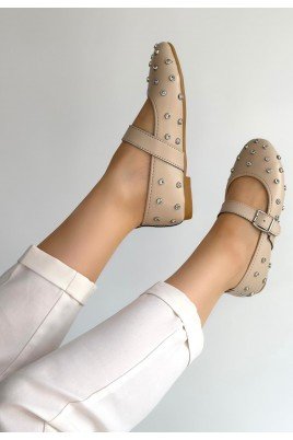 Kadın Babet Ayakkabı Bej Cilt Kemerli Rahat Düz Taban Günlük