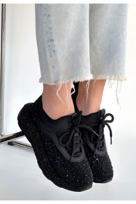 Kadın Sneaker Siyah Cilt Bağcıklı Günlük Spor Ayakkabı Boncuk İşlemeli