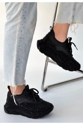 Kadın Sneaker Siyah Cilt Bağcıklı Günlük Spor Ayakkabı Boncuk İşlemeli