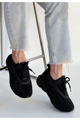 Kadın Sneaker Siyah Cilt Bağcıklı Günlük Spor Ayakkabı Boncuk İşlemeli
