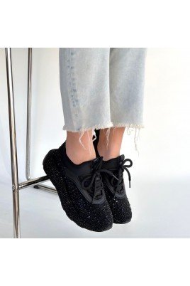 Kadın Sneaker Siyah Cilt Bağcıklı Günlük Spor Ayakkabı Boncuk İşlemeli