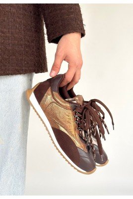 Kadın Sneaker Kahverengi Cilt Bağcıklı Günlük Spor Ayakkabı Paraşüt Detaylı