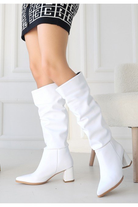 Kadın Topuklu Çizme Beyaz Cilt Uzun Çizme Şık Kış