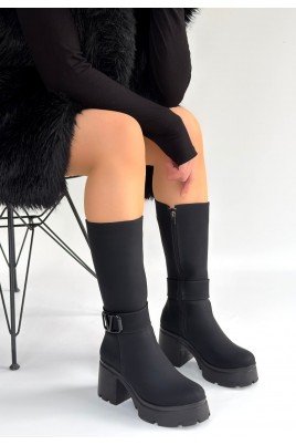 Kadın Topuklu Çizme Siyah Nubuk Uzun Çizme Şık Kış