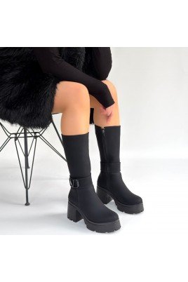 Kadın Topuklu Çizme Siyah Nubuk Uzun Çizme Şık Kış