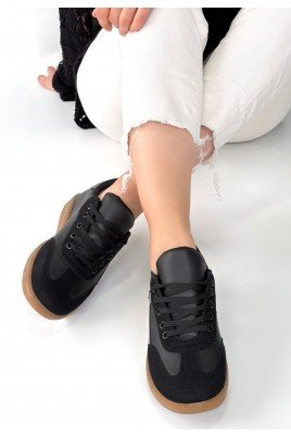 Kadın Sneaker Siyah Cilt Bağcıklı Günlük Spor Ayakkabı