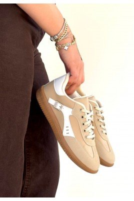 Kadın Sneaker Bej Cilt Bağcıklı Günlük Spor Ayakkabı