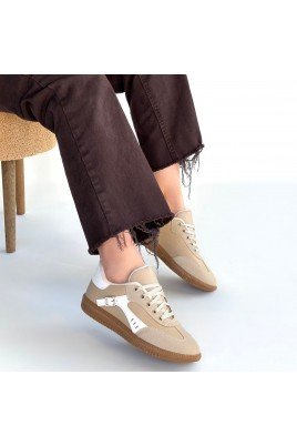 Kadın Sneaker Bej Cilt Bağcıklı Günlük Spor Ayakkabı
