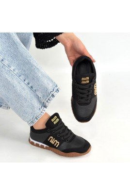Kadın Sneaker Siyah Cilt Bağcıklı Günlük Spor Ayakkabı