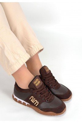 Kadın Sneaker Kahverengi Cilt Bağcıklı Günlük Spor Ayakkabı