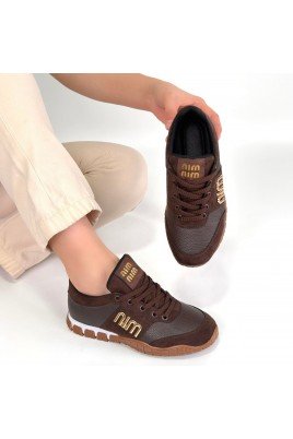 Kadın Sneaker Kahverengi Cilt Bağcıklı Günlük Spor Ayakkabı