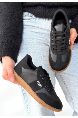 Kadın Sneaker Siyah Cilt Bağcıklı Günlük Spor Ayakkabı