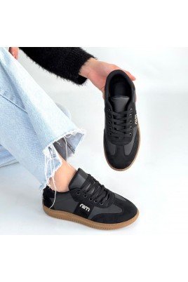 Kadın Sneaker Siyah Cilt Bağcıklı Günlük Spor Ayakkabı