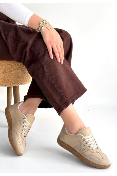 Kadın Sneaker Bej Cilt Bağcıklı Günlük Spor Ayakkabı