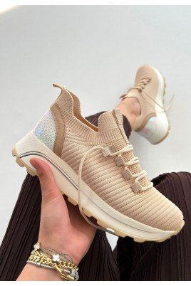 Kadın Sneaker Bej Triko Bağcıklı Günlük Spor Ayakkabı