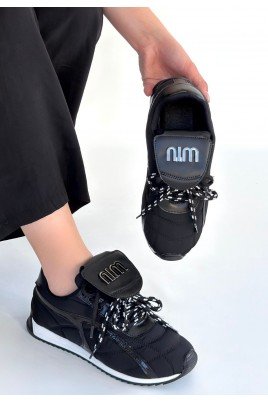 Kadın Sneaker Siyah Cilt Bağcıklı Günlük Spor Ayakkabı Paraşüt Detaylı