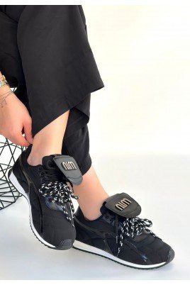 Kadın Sneaker Siyah Cilt Bağcıklı Günlük Spor Ayakkabı Paraşüt Detaylı