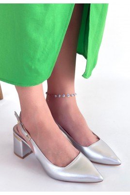 Kadın Topuklu Ayakkabı Gümüş Cilt Ofis & Günlük Şık