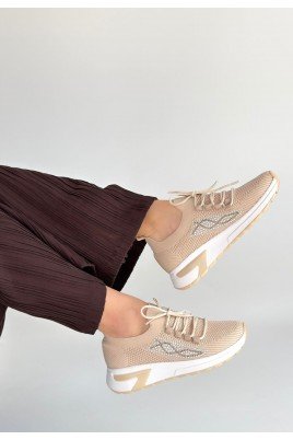 Kadın Sneaker Bej Triko Bağcıklı Günlük Spor Ayakkabı
