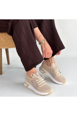 Kadın Sneaker Bej Triko Bağcıklı Günlük Spor Ayakkabı