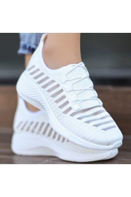 Kadın Sneaker Beyaz Triko Bağcıklı Günlük Spor Ayakkabı