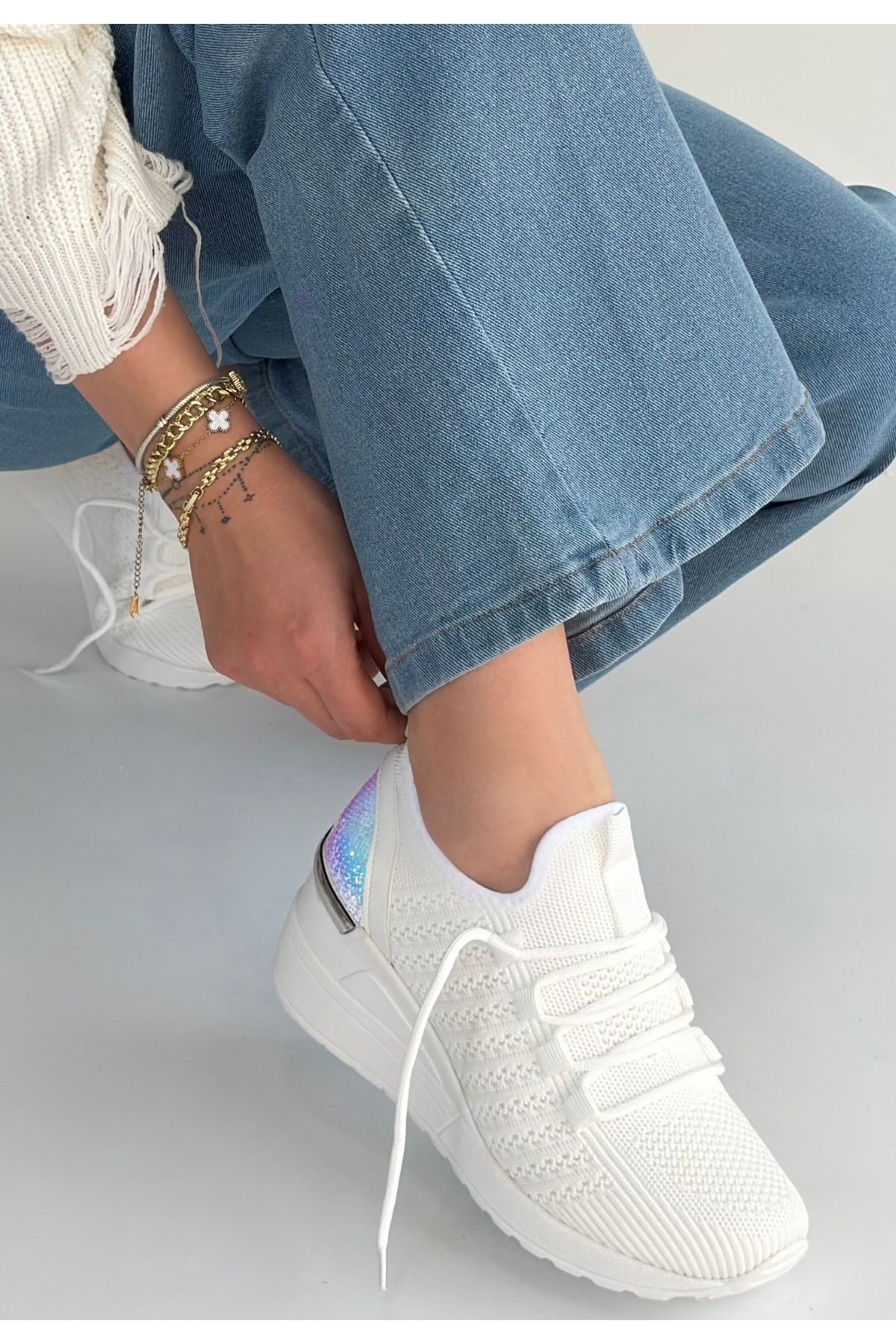 Kadın Sneaker Beyaz Triko Bağcıklı Günlük Spor Ayakkabı