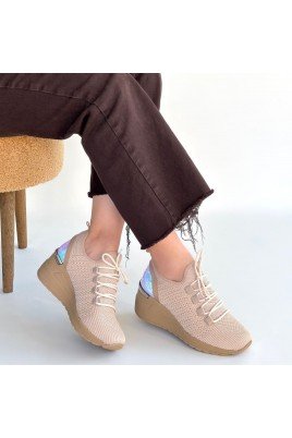 Kadın Sneaker Bej Triko Bağcıklı Günlük Spor Ayakkabı