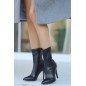 Kadın Topuklu Bot Siyah Cilt Streç Şık Kısa Bot Günlük & Özel Gün