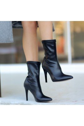 Kadın Topuklu Bot Siyah Cilt Streç Şık Kısa Bot Günlük & Özel Gün