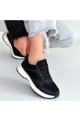 Kadın Sneaker Siyah Cilt Bağcıklı Günlük Spor Ayakkabı Simli