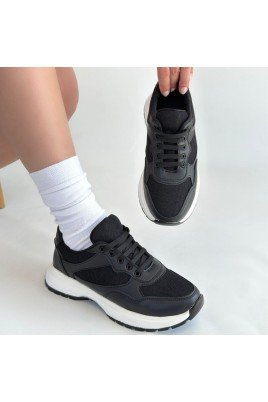 Kadın Sneaker Siyah Cilt Bağcıklı Günlük Spor Ayakkabı
