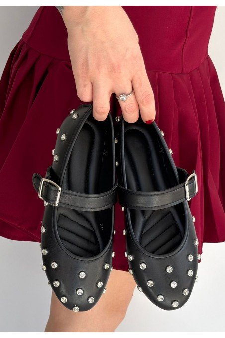 Kadın Babet Ayakkabı Siyah Cilt Kemerli Rahat Düz Taban Günlük