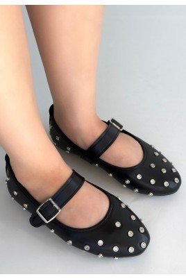 Kadın Babet Ayakkabı Siyah Cilt Kemerli Rahat Düz Taban Günlük