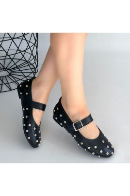 Kadın Babet Ayakkabı Siyah Cilt Kemerli Rahat Düz Taban Günlük