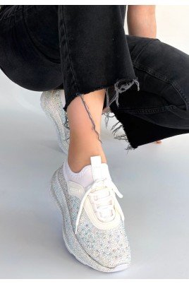 Kadın Sneaker Beyaz Cilt Bağcıklı Günlük Spor Ayakkabı Boncuk İşlemeli
