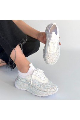 Kadın Sneaker Beyaz Cilt Bağcıklı Günlük Spor Ayakkabı Boncuk İşlemeli